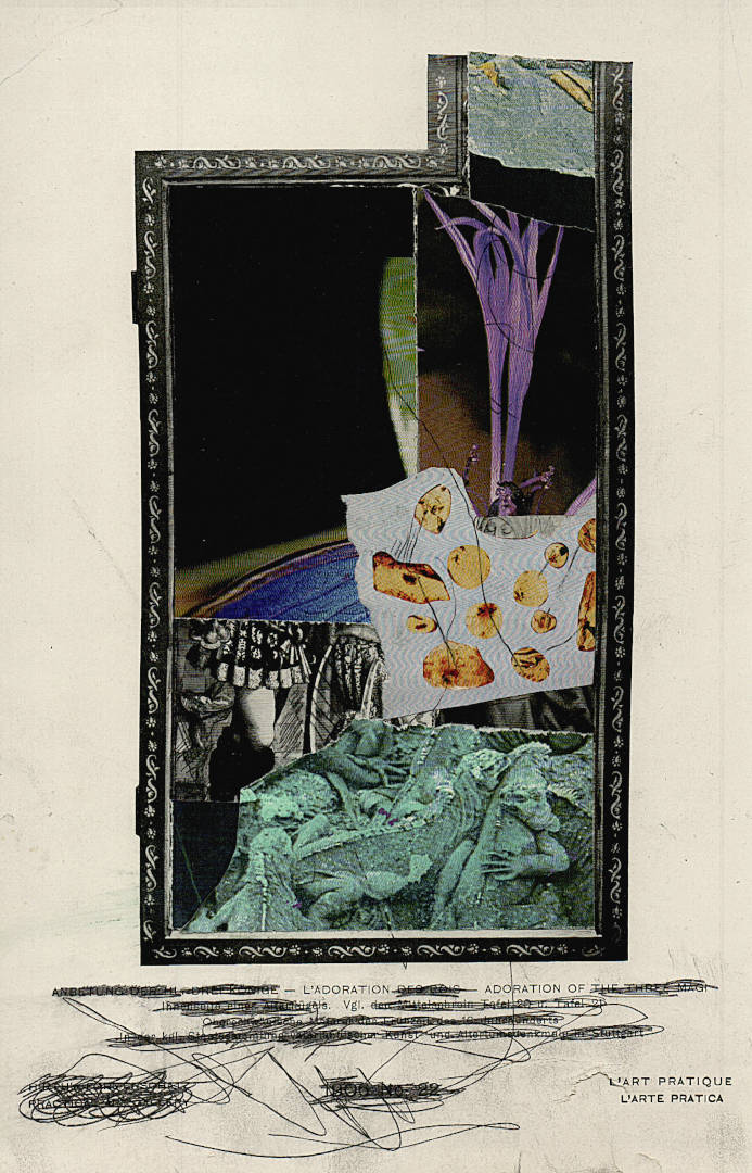 «L’ADORATION ADORATION OF L’ART PRATIQUE L’ARTE PRATICA», drawing on collage with printed matter