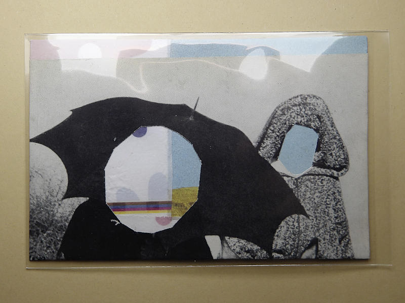 two people without faces hiding, one with umbrella