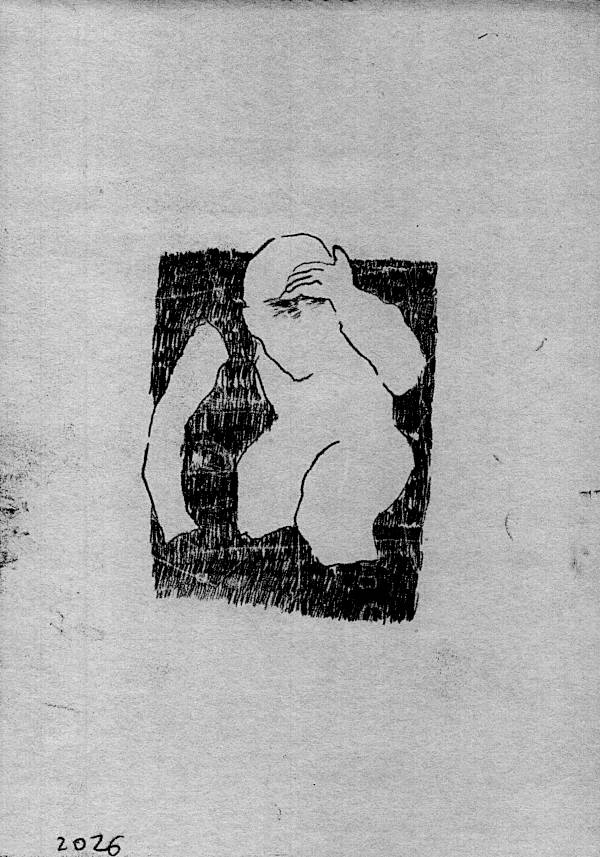 a person crouching in the thicket, gazing into the distance; drawing.