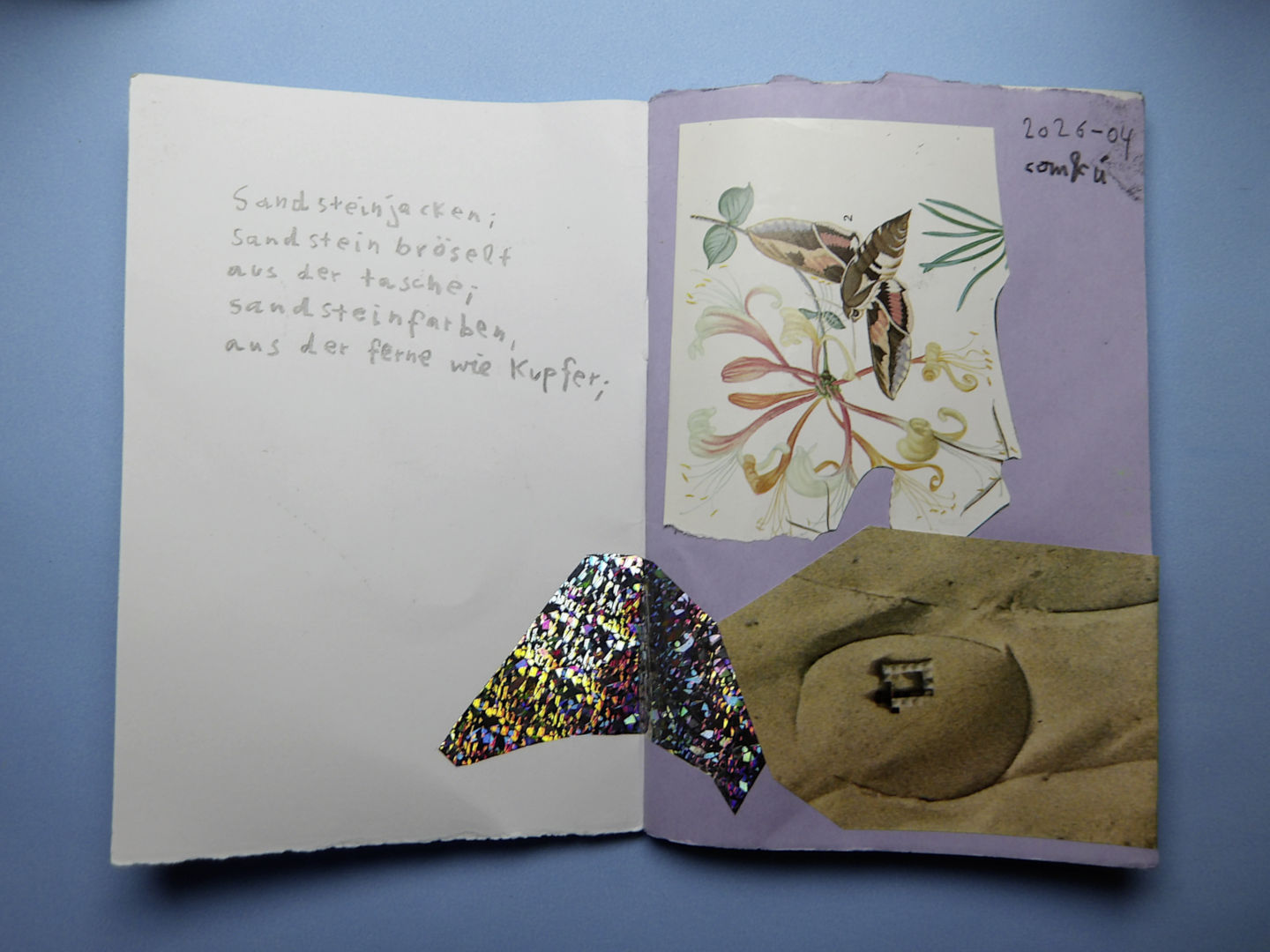 Sandstone jackets;
Sandstone crumbles
out of the pocket
sandstone-colored
from a distance, like copper; handwritten poem on collage with printed matter